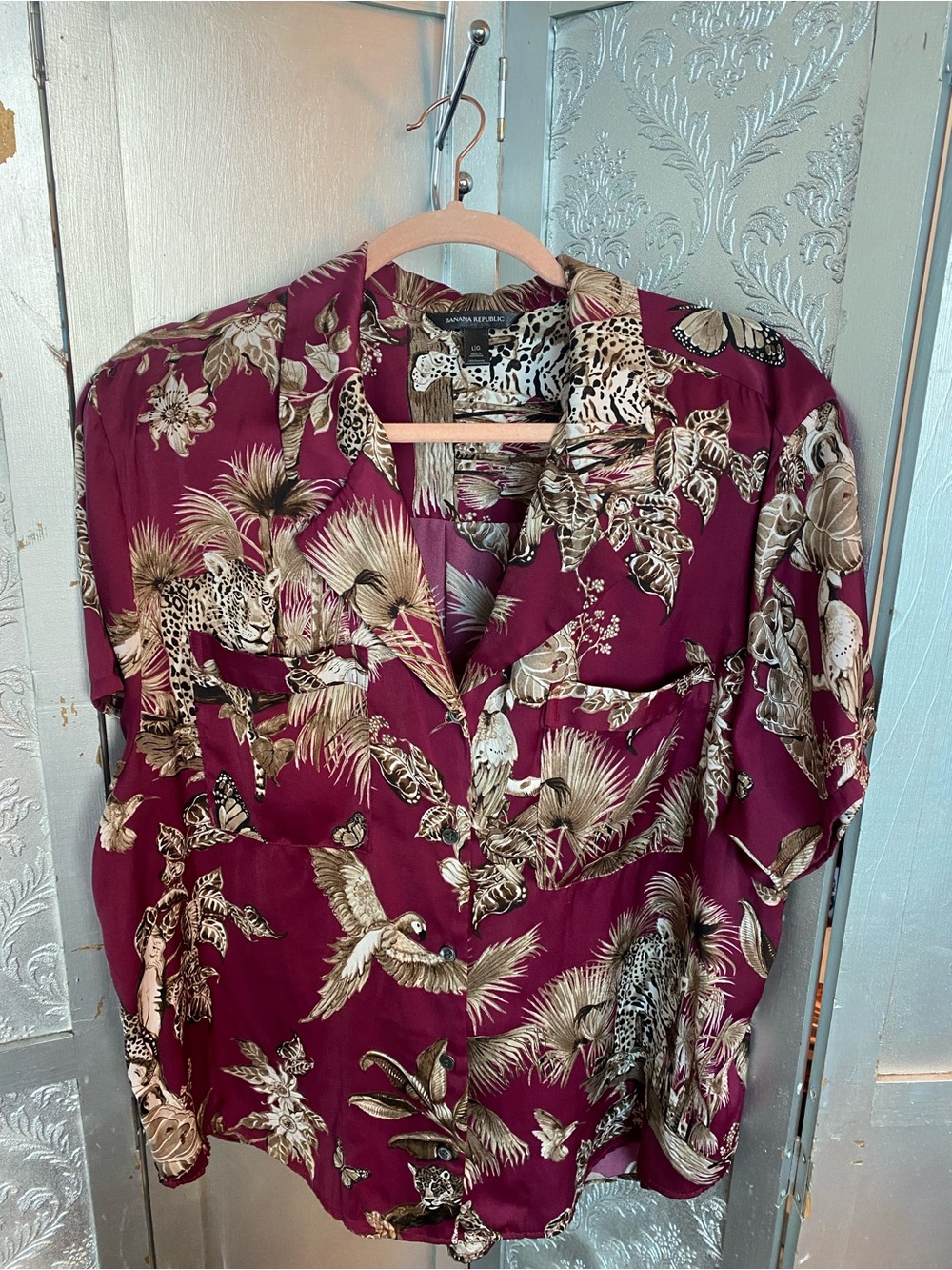 Banana republic Burgundy Tropical Print short sleeve Button-Up Shirt